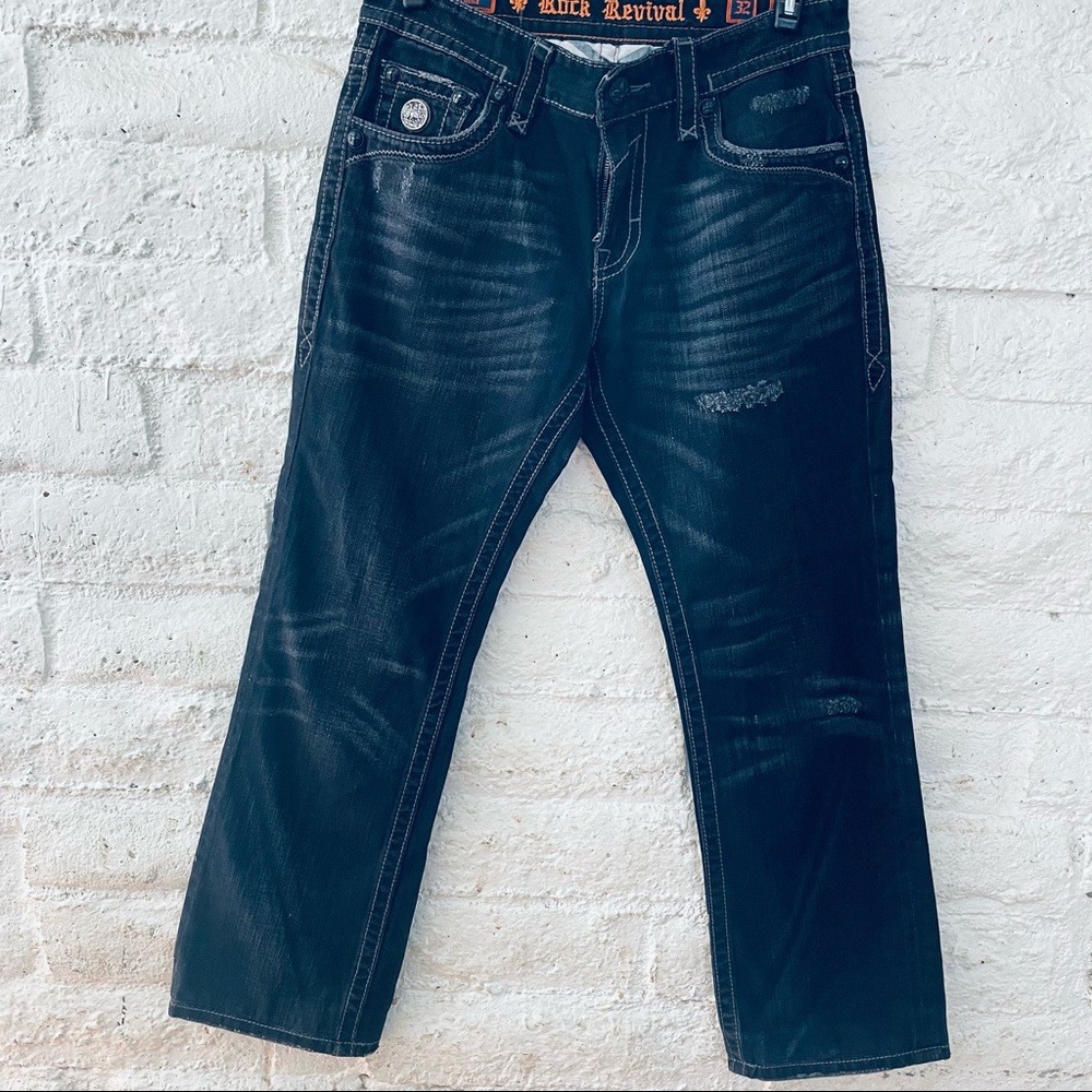 ROCK REVIVAL Men's Jeans, Size 32, Russell, Straight Leg, Dark Distressed Denim